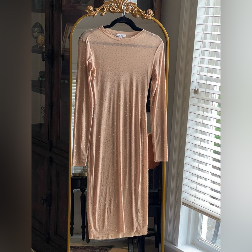 AFRM LOS ANGELES Tan Loah Rhinestone Long Sleeve
Mesh Dress Missing Slip